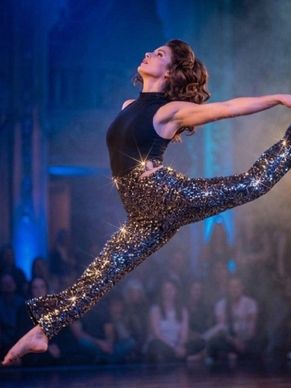 Black Sequin Dance Flare Pants Cutout Cross Waist Stage Performance Wear